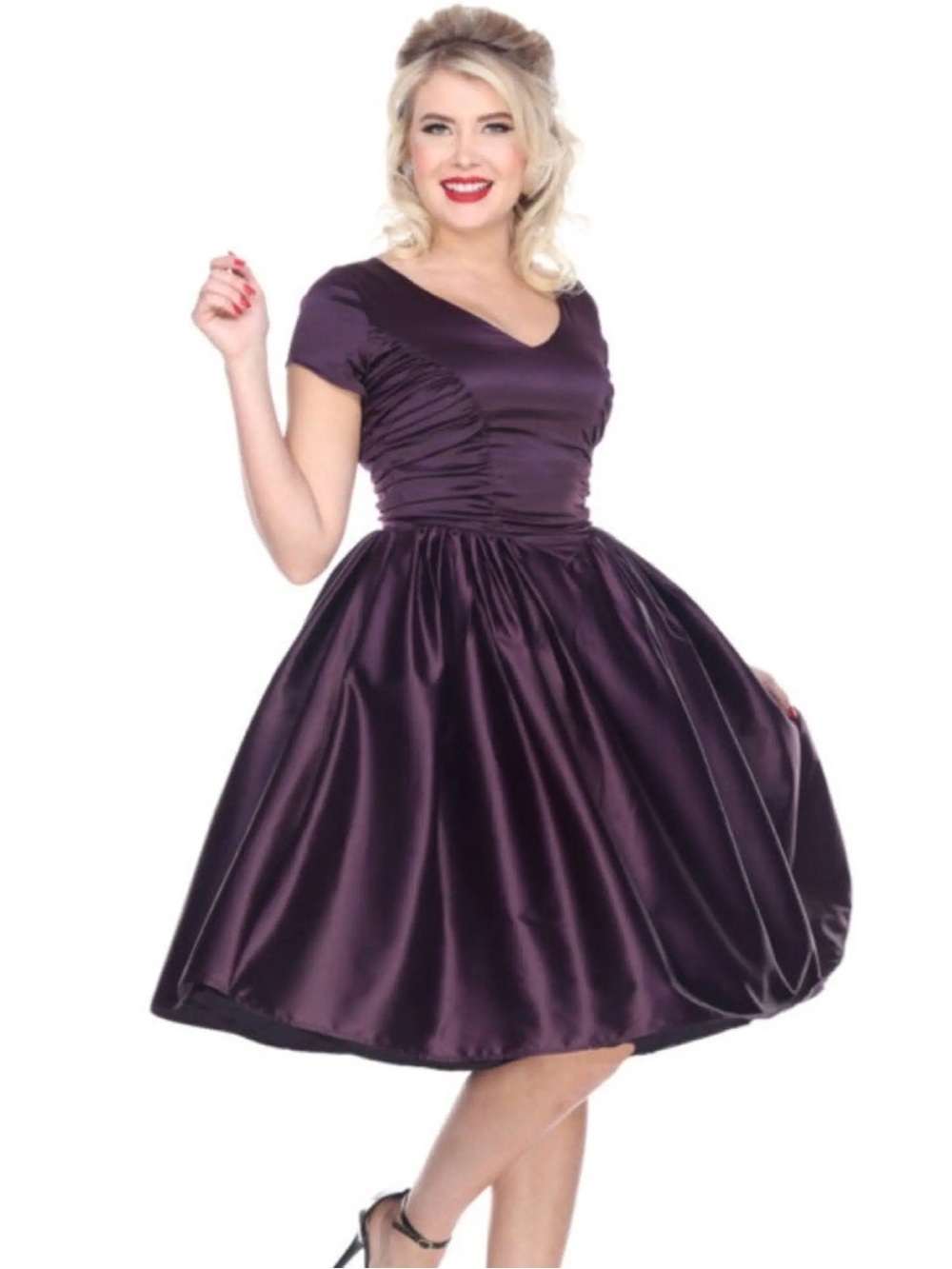 Bettie Page Deep Plum Ruched Fit-and-Flare Dress